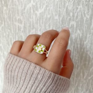 18K Gold Plated Pop Green Enameled Square Signet Ring